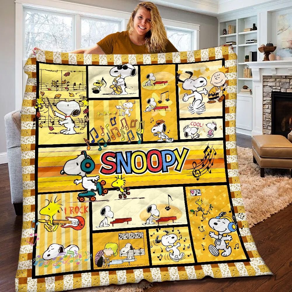 Snoopy With Music Customized Name Quilt Blanket