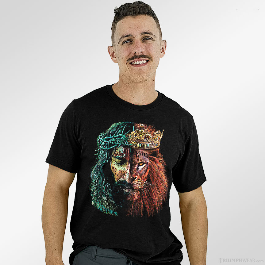 Half Jesus Face Thorns & Half Lion Glory Crown - Black T-Shirt