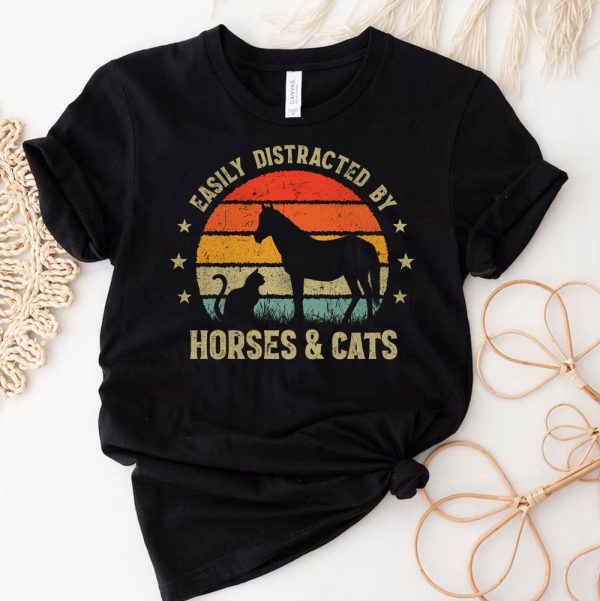 3 Cute Easily Distracted By Horses And Cats Lovers Vintage 16iNT